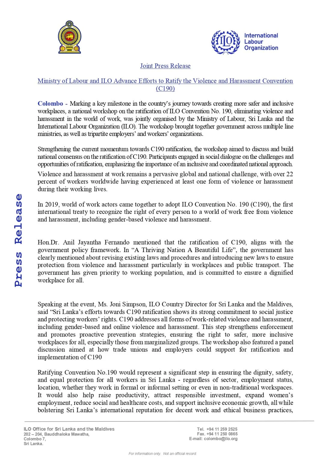 Ministry of Labour and ILO Advance Efforts to Ratify the Violence and Harassment Convention.