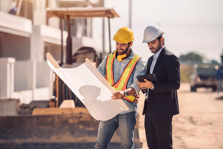 Engineering plans and construction equipment overlooking a modern city