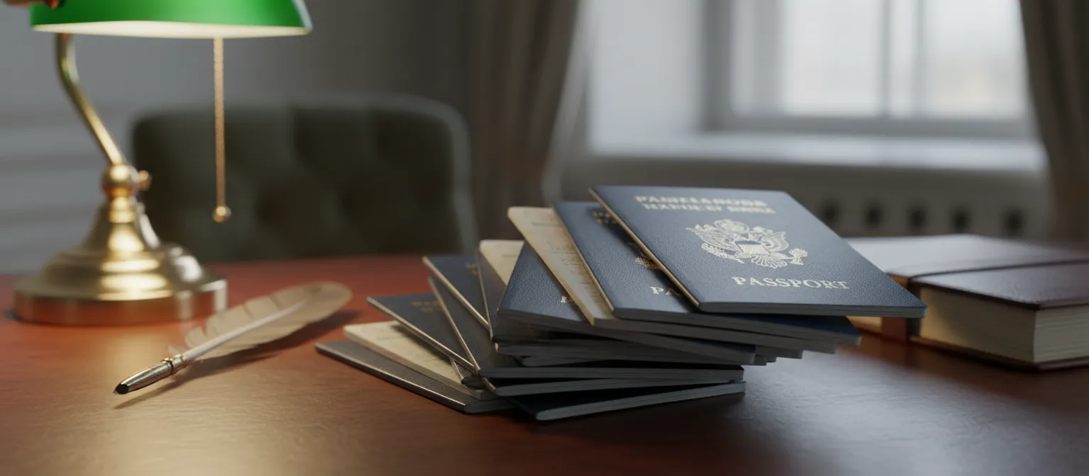 Passports and official citizenship paperwork on office desk